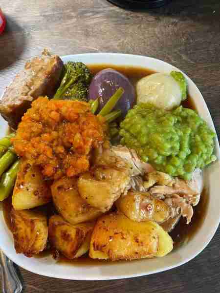 Roasted onion, mushy peas , mashed carrot and sweat. Pork meat stuffing . And chicken underneath - J...