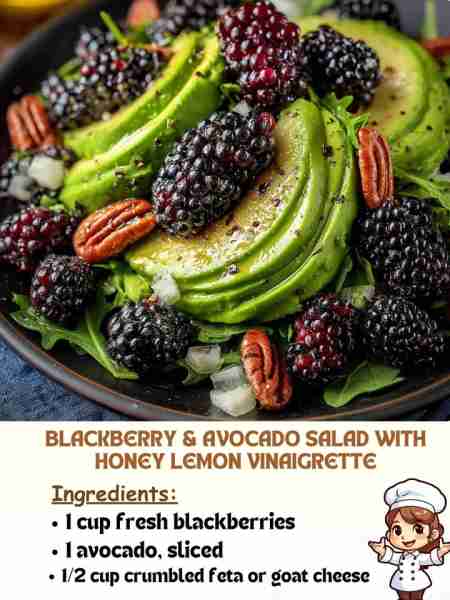 Blackberry & Avocado Salad with Honey Lemon Vinaigrette Ingredients 1 cup fresh blackberries 1 avoca...