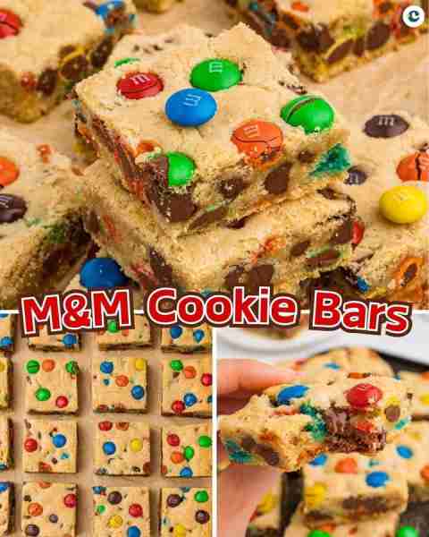 M&M Cookie Bars 🍪 3 cups all-purpose flour 🍪 1 tsp baking soda 🍪 1 tsp salt 🍪 1 cup butter 🍪 1...