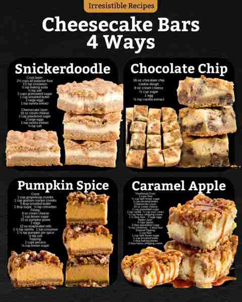 Holiday dessert table = covered. 🎄✨ 4 Cheesecake Bars everyone will love! Ingredients 🟨 Snickerdo...