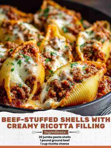 Beef-Stuffed Shells with Creamy Ricotta Filling Ingredients: 20 jumbo pasta shells 1 pound ground be...