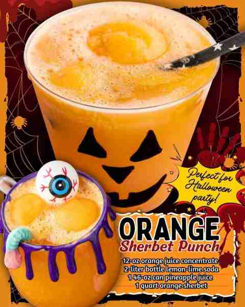 HALLOWEEN SHERBET PUNCH RECIPE! 12-oz orange juice concentrate 2-liter bottle lemon-lime soda 1 46-o...