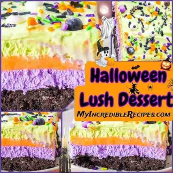 No Bake Halloween Lush! 🧡💜🖤 4 layers of pure deliciousness! Perfect for Halloween! 💜🖤 RECIPE BELOW!