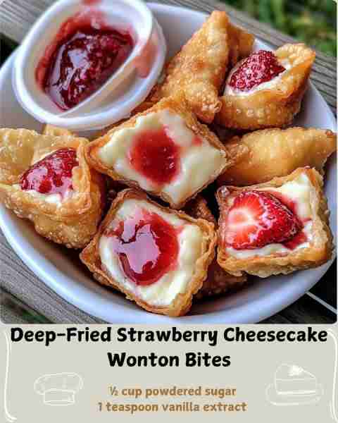 🍓 Deep-Fried Strawberry Cheesecake Wonton Bites 🥟 Ingredients 8–10 square wonton wrappers 1 cup (8...