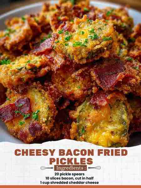 Cheesy Bacon Fried Pickles Ingredients: 20 pickle spears 10 slices bacon, cut in half 1 cup shredded...
