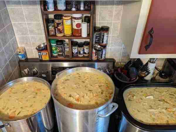 Creamy Chicken Vegetable Soup (Large Batch) Ingredients: 4 lbs cooked chicken, chopped 8 cups mixed...