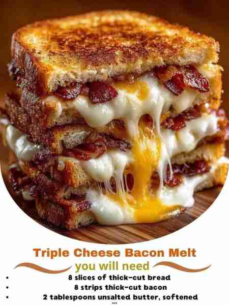 Triple Cheese Bacon Melt 📝 Recipe: Ingredients: 8 slices of thick-cut bread 8 strips thick-cut baco...