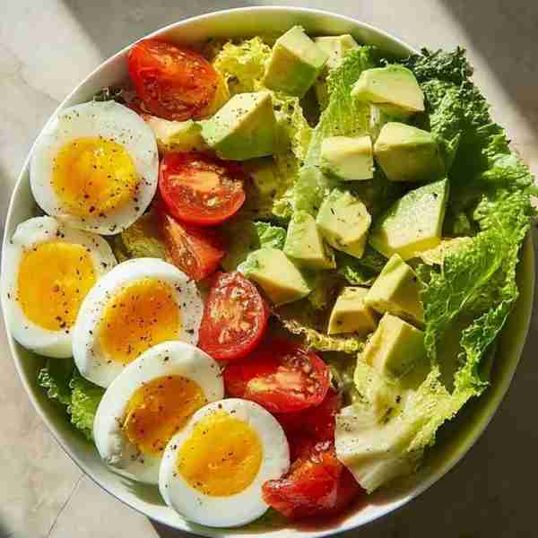 🥗 Egg, Avocado & Tomato Salad Bowl Ingredients: 2 cups romaine lettuce, chopped 🥬 2 boiled eggs, h...