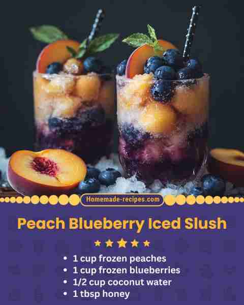 Peach Blueberry Iced Slush 📋 Ingredients • 1 cup frozen peaches • 1 cup frozen blueberries • 1/2 cu...