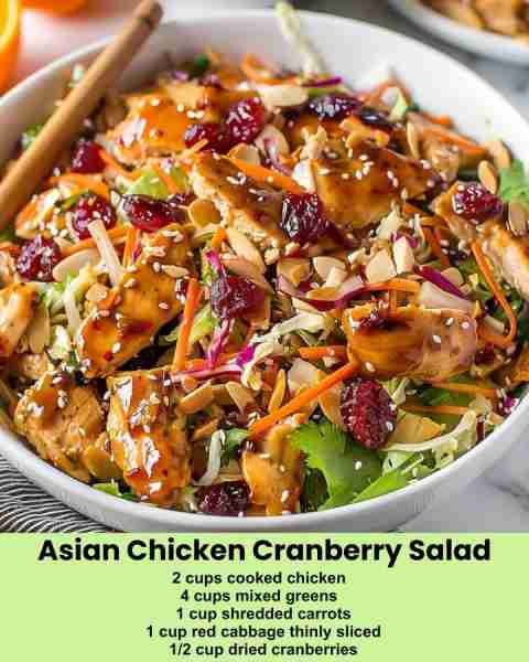Have You Ever Tried Asian Chicken Cranberry Salad 😋😍 Ingredients: 2 cups cooked chicken 4 cups mi...