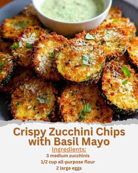 Crispy Zucchini Chips with Basil Mayo Ingredients: - 3 medium zucchinis - 1/2 cup all-purpose flour...