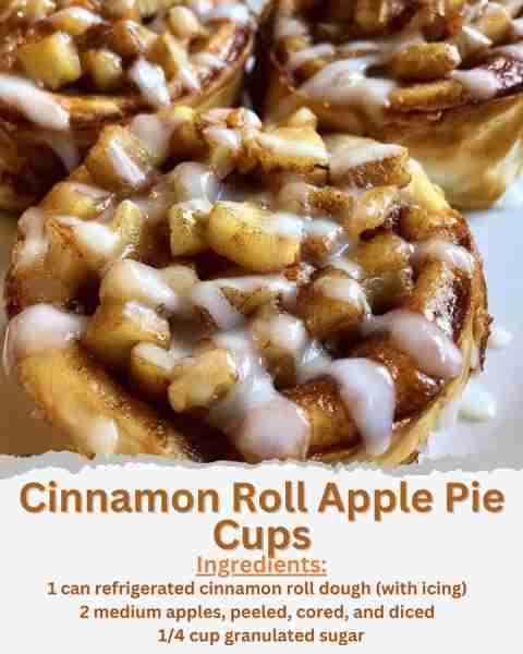 Cinnamon Roll Apple Pie Cups Ingredients: - 1 can refrigerated cinnamon roll dough (with icing) - 2...