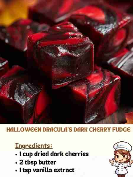 Halloween Dracula’s Dark Cherry Fudge Ingredients 1 cup dried dark cherries 2 tbsp butter 1 tsp vani...