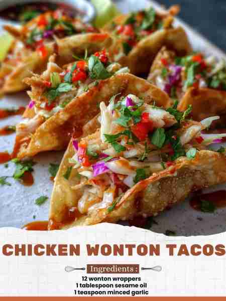 Chicken Wonton Tacos Ingredients: 12 wonton wrappers 1 tablespoon sesame oil 1 teaspoon minced garli...