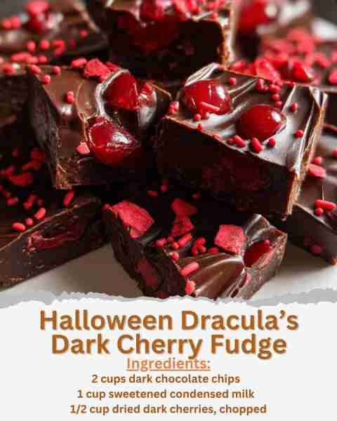 Halloween Dracula’s Dark Cherry Fudge Ingredients: - 2 cups dark chocolate chips - 1 cup sweetened c...