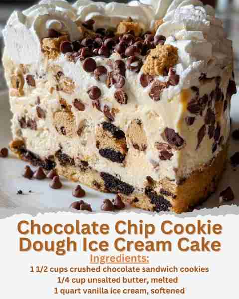 Chocolate Chip Cookie Dough Ice Cream Cake Ingredients: - 1 1/2 cups crushed chocolate sandwich cook...