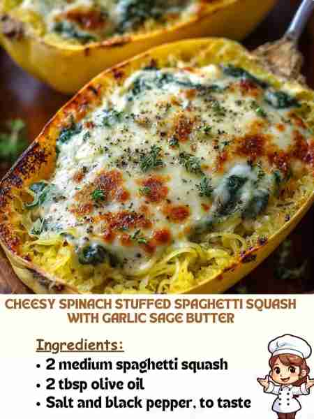 Cheesy Spinach Stuffed Spaghetti Squash with Garlic Sage Butter Ingredients 2 medium spaghetti squas...