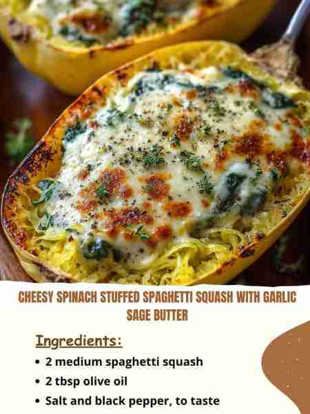 Cheesy Spinach Stuffed Spaghetti Squash with Garlic Sage Butter Ingredients 2 medium spaghetti squas...