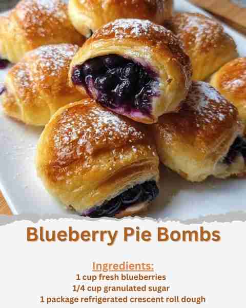 Blueberry Pie Bombs Ingredients: - 1 cup fresh blueberries - 1/4 cup granulated sugar - 1 tablespoon...