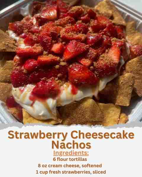 Strawberry Cheesecake Nachos Ingredients: - 6 flour tortillas - 2 tablespoons butter, melted - 1/4 c...