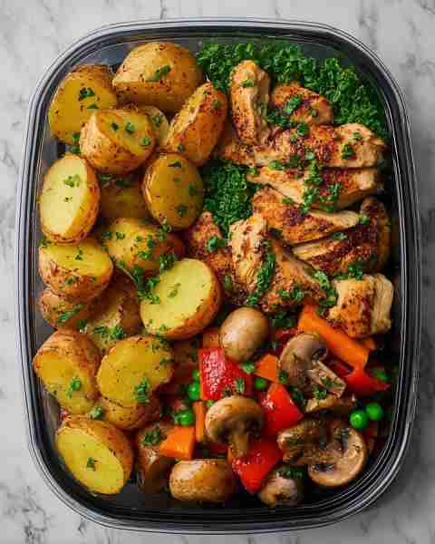 🥔 Herb-Roasted Potatoes with Grilled Chicken & Sautéed Vegetables 🍗🥦🍄 Prep Time: 20 minutes Cook...