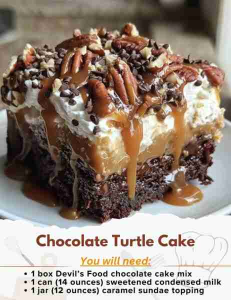 Chocolate Turtle Cake Ingredients: - 1 box (15.25 ounces) Devil’s Food chocolate cake mix - 1 can (1...