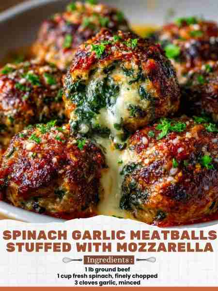 Spinach Garlic Meatballs Stuffed with Mozzarella Ingredients: 1 lb ground beef 1 cup fresh spinach,...