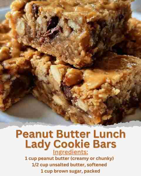 Peanut Butter Lunch Lady Cookie Bars Ingredients: - 1 cup peanut butter (creamy or chunky) - 1/2 cup...