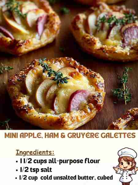 Mini Apple, Ham & Gruyère Galettes Ingredients 1 ½ cups all-purpose flour ½ tsp salt ½ cup (1 stick)...