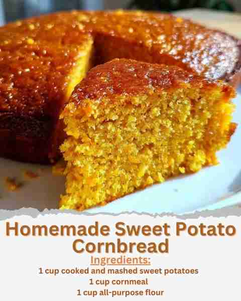 Homemade Sweet Potato Cornbread Ingredients: - 1 cup cooked and mashed sweet potatoes - 1 cup cornme...