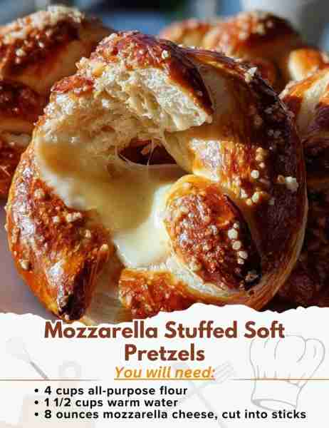 Mozzarella Stuffed Soft Pretzels Ingredients: - 4 cups all-purpose flour - 1 tablespoon sugar - 2 te...