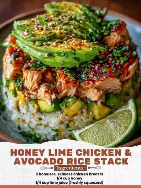 Honey Lime Chicken & Avocado Rice Stack Ingredients: 2 boneless, skinless chicken breasts 1/4 cup ho...