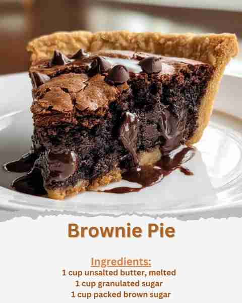 Brownie Pie Ingredients: - 1 cup unsalted butter, melted - 1 cup granulated sugar - 1 cup packed bro...