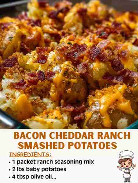 🥔🧀🥓 Bacon Cheddar Ranch Smashed Potatoes – Crispy, Cheesy, Comfort in Every Bite! Ingredients: 2...