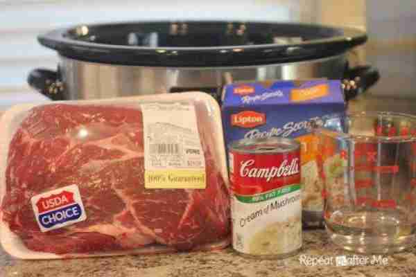 Crock Pot Easy Pot Roast Ingredients: – 5.5 pound Chuck Roast – 2 (10.75 ounce) cans condensed cream...