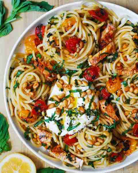 Chicken Spaghetti with Burrata Cheese, Cherry Tomatoes, and Lemon Butter Garlic Sauce. recipe from J...