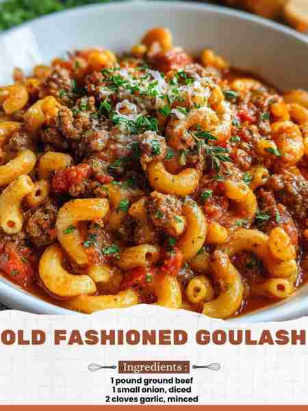 Old Fashioned Goulash Ingredients: 1 pound ground beef 1 small onion, diced 2 cloves garlic, minced