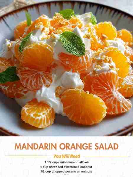 Mandarin Orange Salad Ingredients: 1 ½ cups mini marshmallows 1 cup shredded sweetened coconut (opt...
