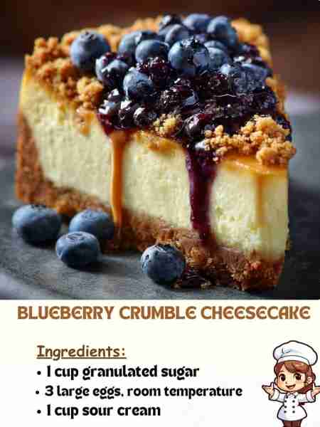 Blueberry Crumble Cheesecake Ingredients 1 cup granulated sugar 3 large eggs, room temperature 1 cup...