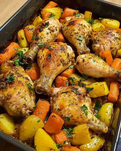 One-Pan Roasted Chicken Drumsticks with Potatoes & Carrots 🥔🥕 A simple and comforting sheet pan di...