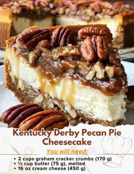 Kentucky Derby Pecan Pie Cheesecake Ingredients: - 2 cups graham cracker crumbs (170 g) - ⅓ cup butt...