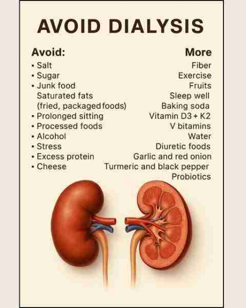 Keep your kidneys healthy and lower your risk of dialysis. Avoid salt, sugar, junk food, processed f...