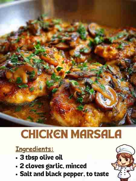 Chicken Marsala Ingredients 3 tbsp olive oil 2 cloves garlic, minced Salt and black pepper, to tast...