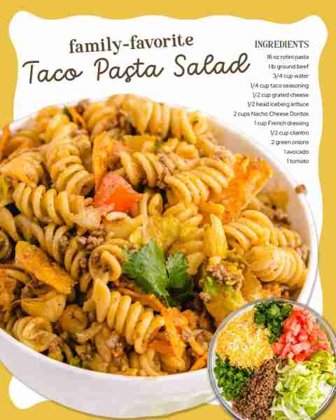 TACO PASTA SALAD 🌮 a fun twist on taco night! INGREDIENTS ⬇️ 16 oz rotini pasta 1 lb ground beef ¼...