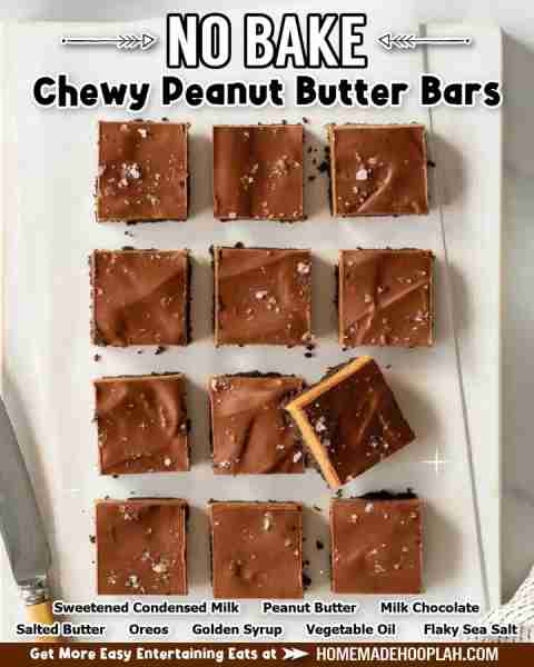 Easy and quick to make, these no-bake peanut butter bars have a crunchy cookie base that’s topped wi...