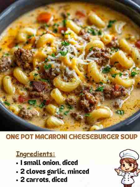 One Pot Macaroni Cheeseburger Soup Ingredients 1 small onion, diced 2 cloves garlic, minced 2 carro...