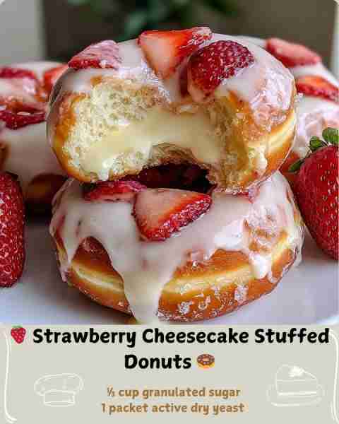🍓 Strawberry Cheesecake Stuffed Donuts 🍩 Ingredients For the Donut Dough: 2 ½ cups all-purpose flo...
