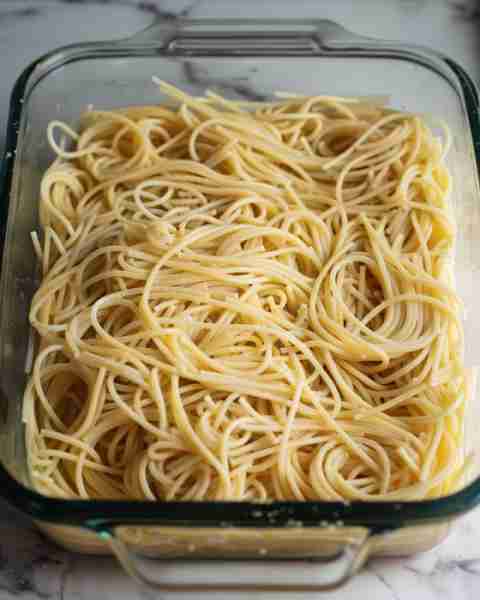 Throw the spaghetti into the casserole dish first. The magic's all in the toppings. Full recipe 👇 💬