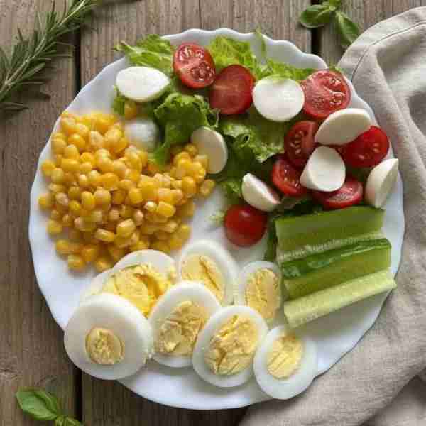 Fresh Egg & Veggie Salad Plate Ingredients: 2 hard-boiled eggs, sliced 🍳 ½ cup sweet corn 🌽 ½ cucu...