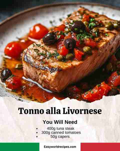 🐟🇮🇹 Tonno alla Livornese Ingredients: 14 oz (400 g) tuna steak 10.5 oz (300 g) canned tomatoes 1.7...